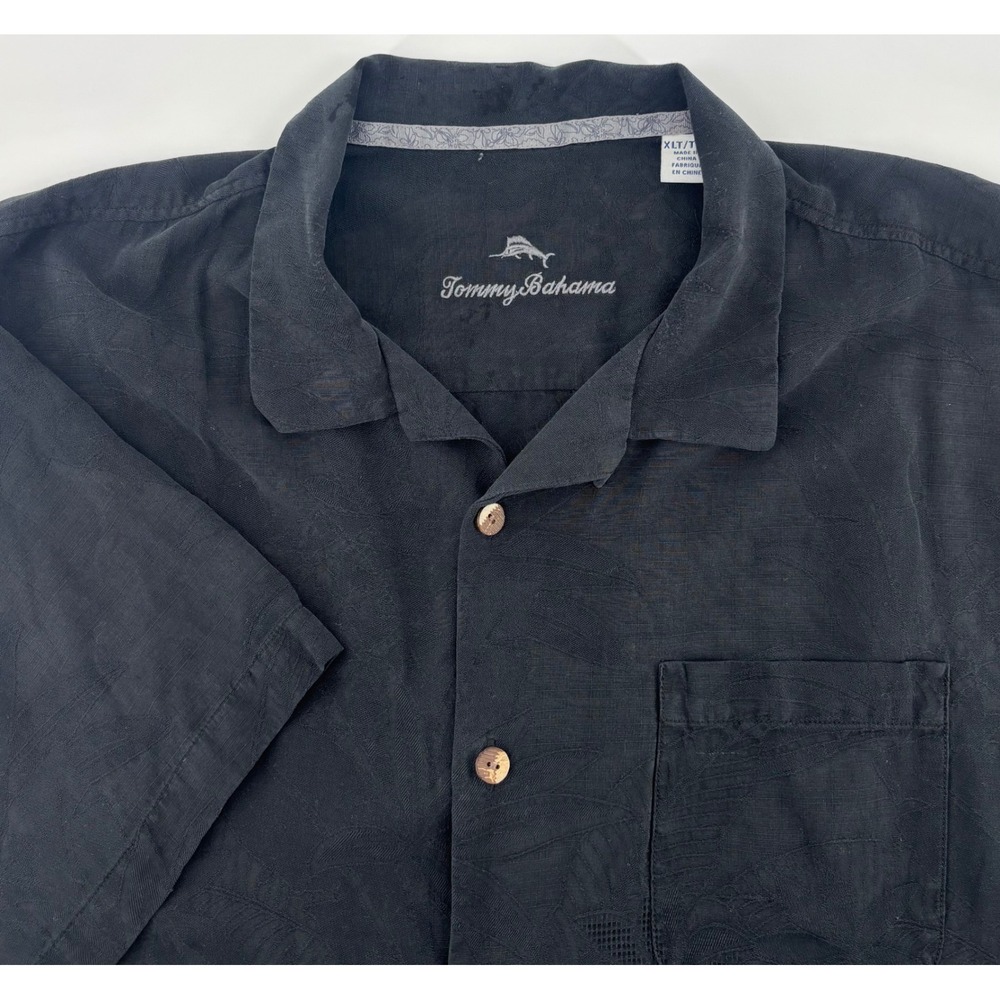 Tommy Bahama Silk Shirt Men XLT Black Jacquard Floral Short Sleeve Button Down